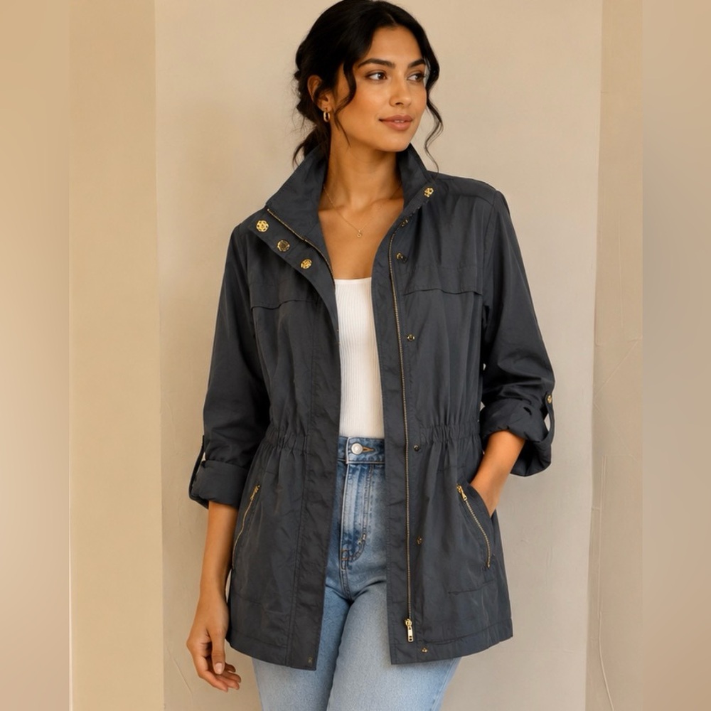 For Cynthia Slate Gray Utility Anorak Jacket with Gold Hardware